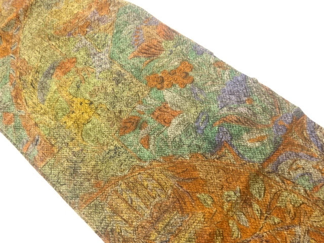 JAPANESE NAGOYA OBI / CHIRIMEN / FLORAL PLANTS